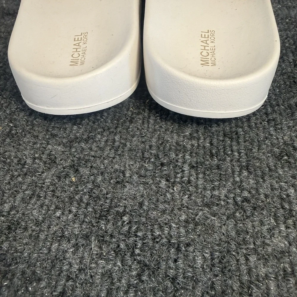 Michael Kors Slide Sandals White Gold Rhinestone Logo Pool Beach Women's